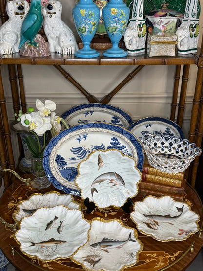 RESERVED - ANGIEFRIEND - Antique French Limoges Hand-Painted Fish Plates with Gilt Scalloped Rims | Set of 5 | 9”