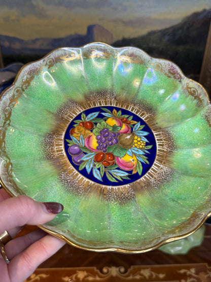 Antique Minton Hand-Painted Cabinet Plate with Fruit Center & Iridescent Green Border | 9”