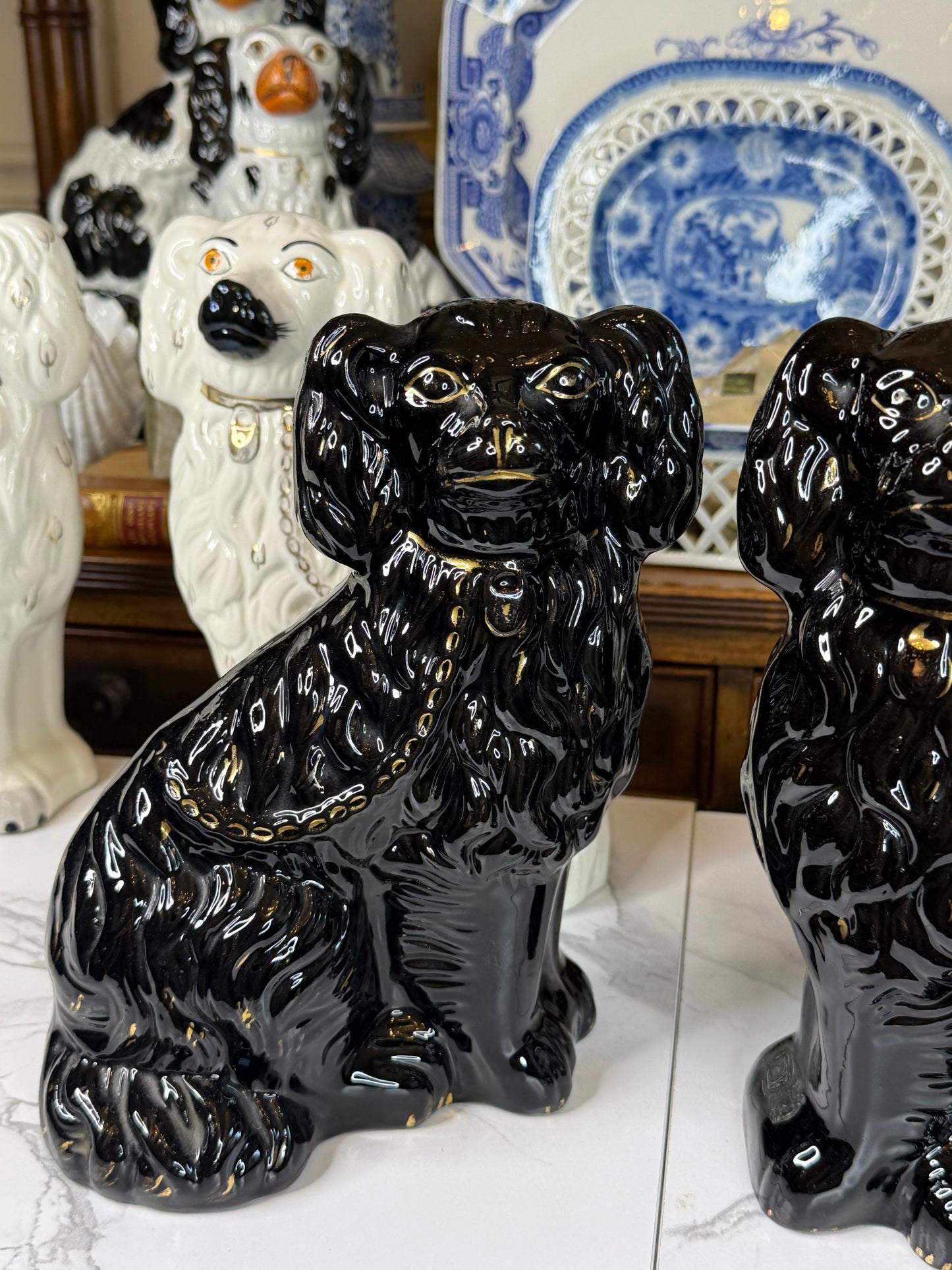 Pair of 19th Century Black Jackfield Spaniels | Antique Staffordshire Dogs | 9.5"H x 7"W x 3.5"D | #DA4506