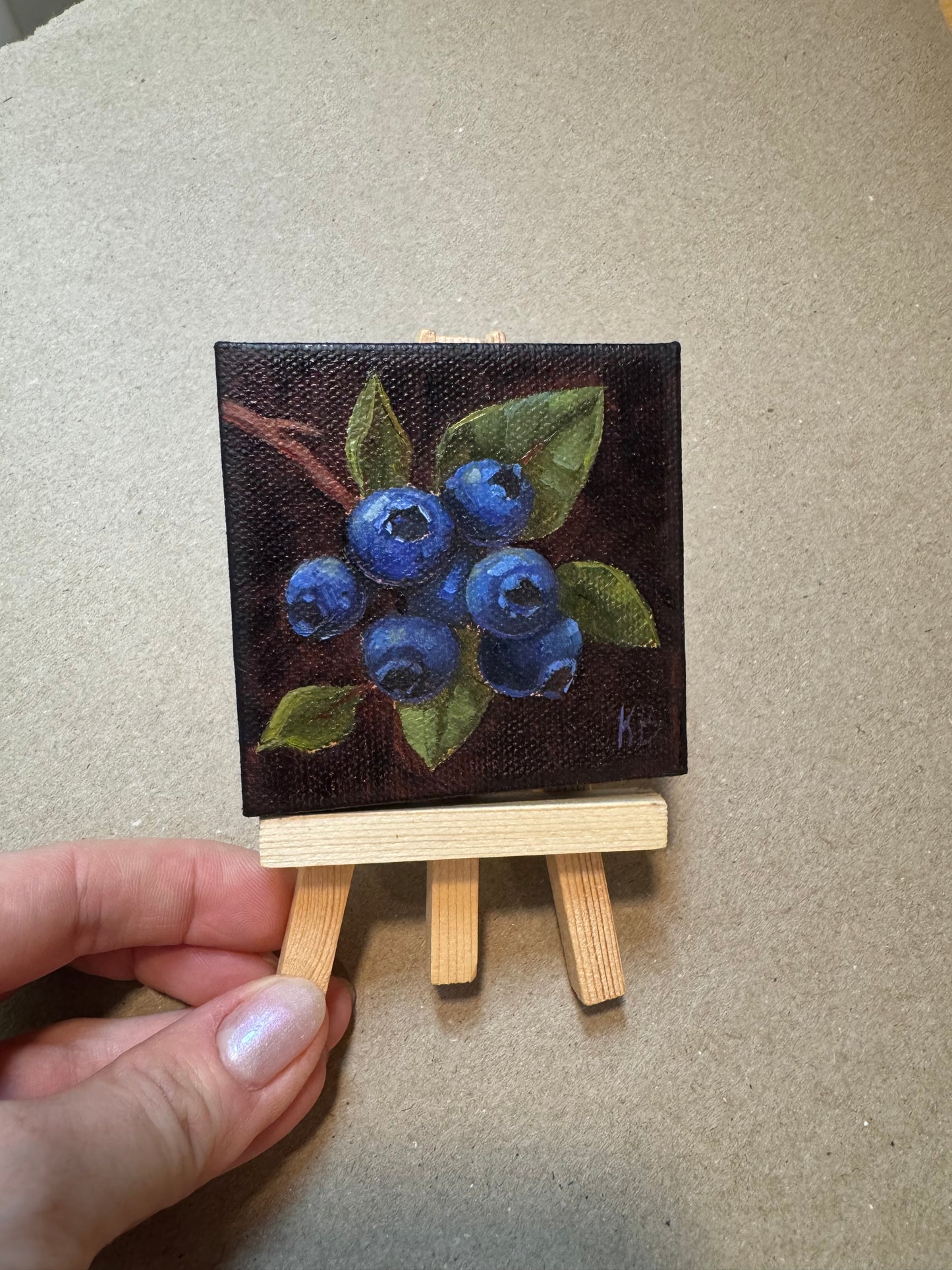 Live 06/19 mini art blueberries original oil paintings on stretched canvas 3x3”