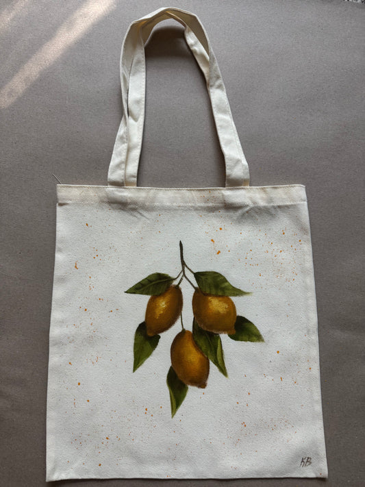 Lemons hand painted tote bag 15x14”