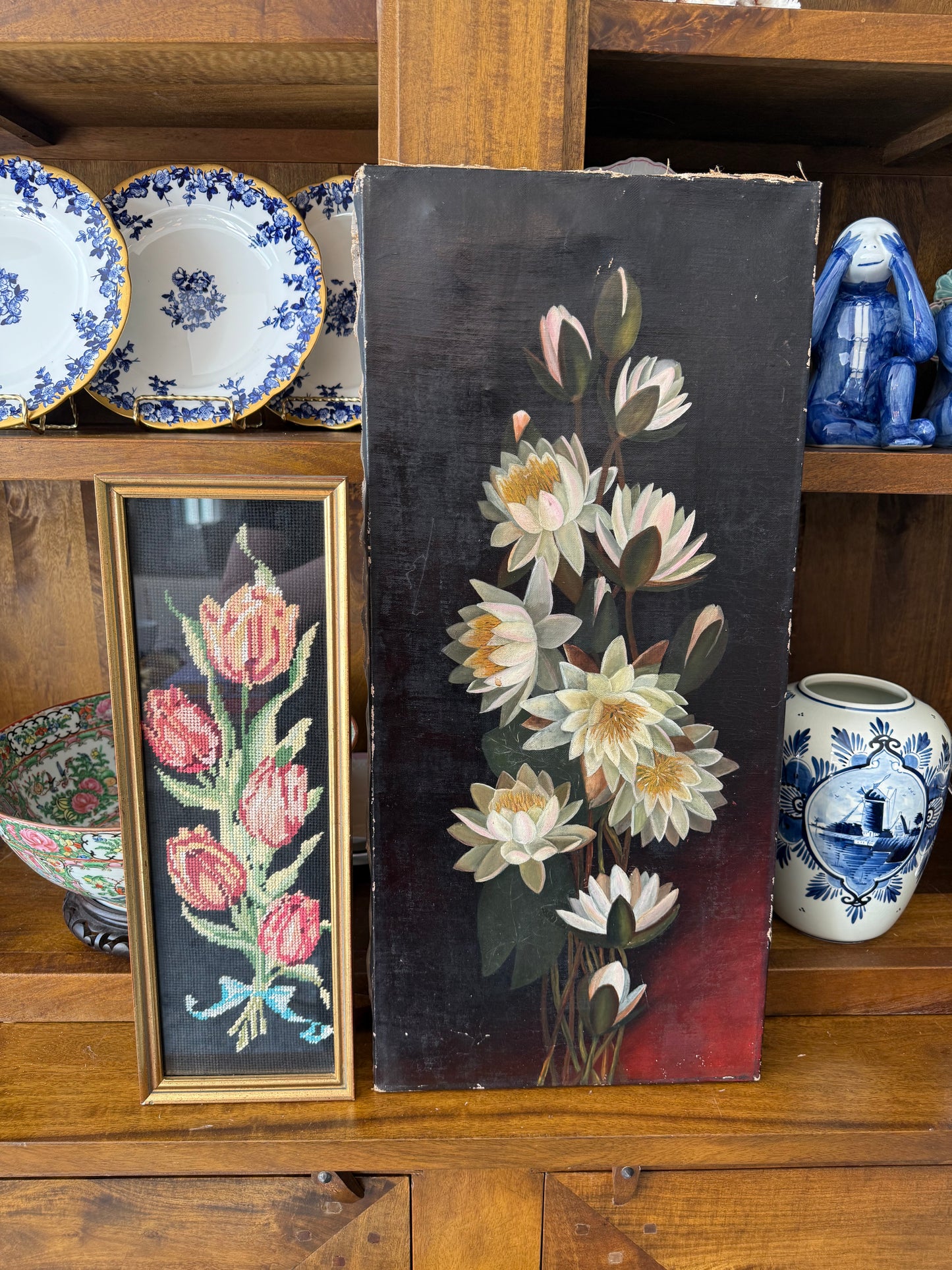 Vintage Framed 17” Floral Needlepoint