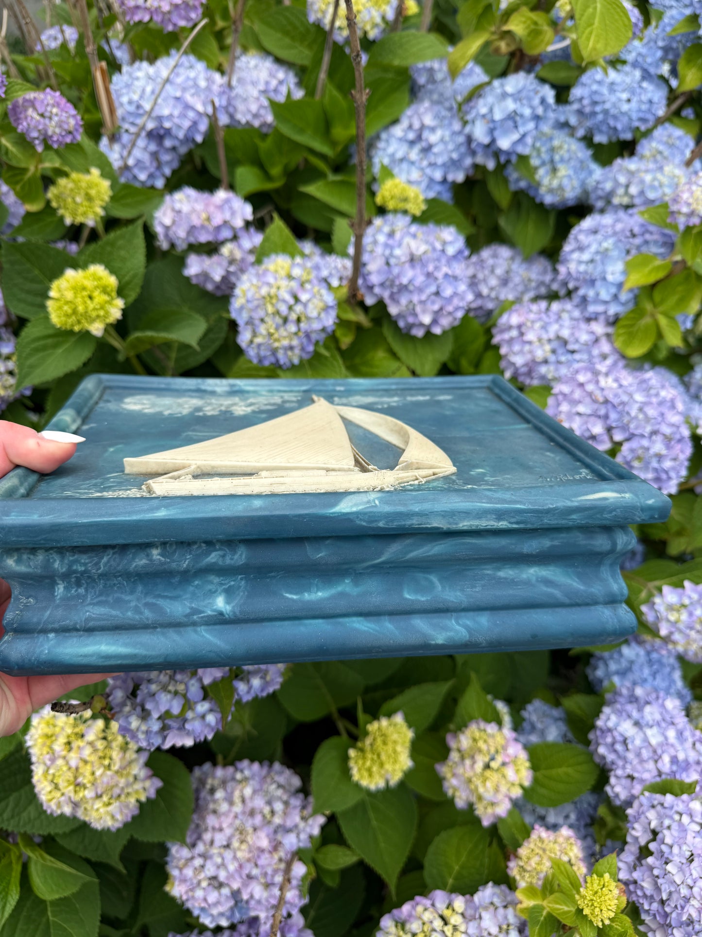 Vintage Signed Incolay Stone Jewelry Box with Ship