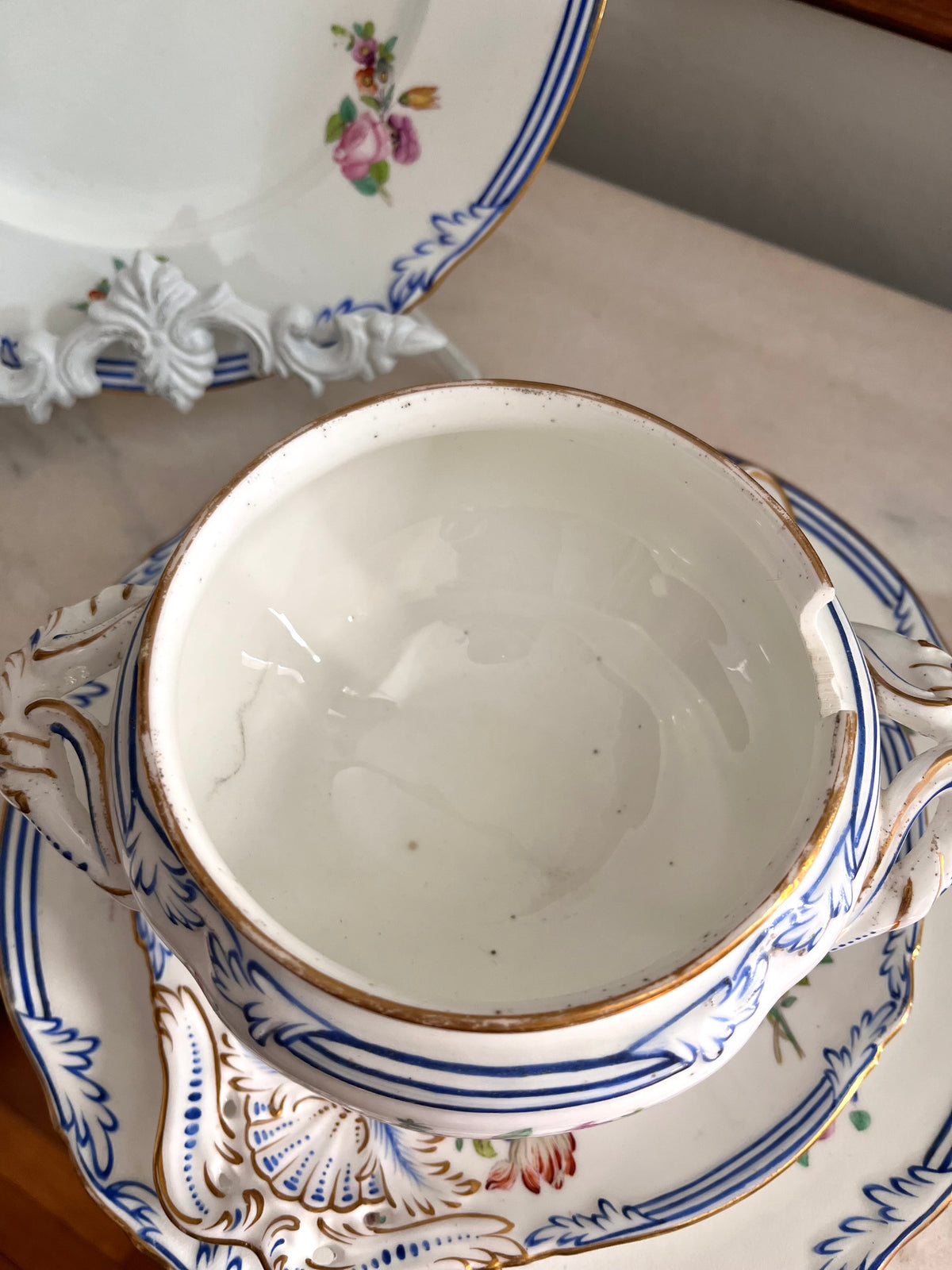 Live 09/20 Beautiful Antique French Old Paris Porcelain Five-Piece Sauce Tureen & Plate Set, c.1830–1850