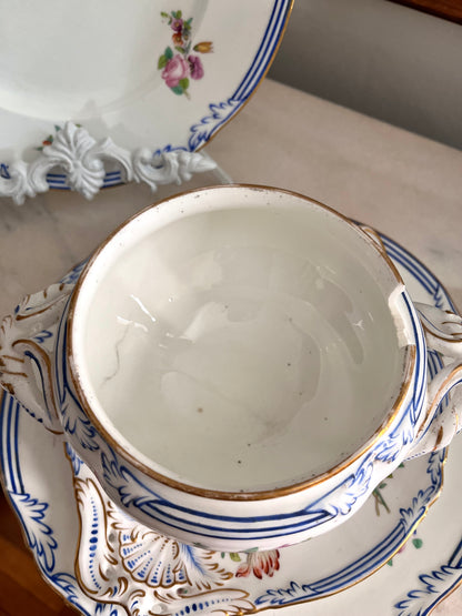Live 09/20 Beautiful Antique French Old Paris Porcelain Five-Piece Sauce Tureen & Plate Set, c.1830–1850