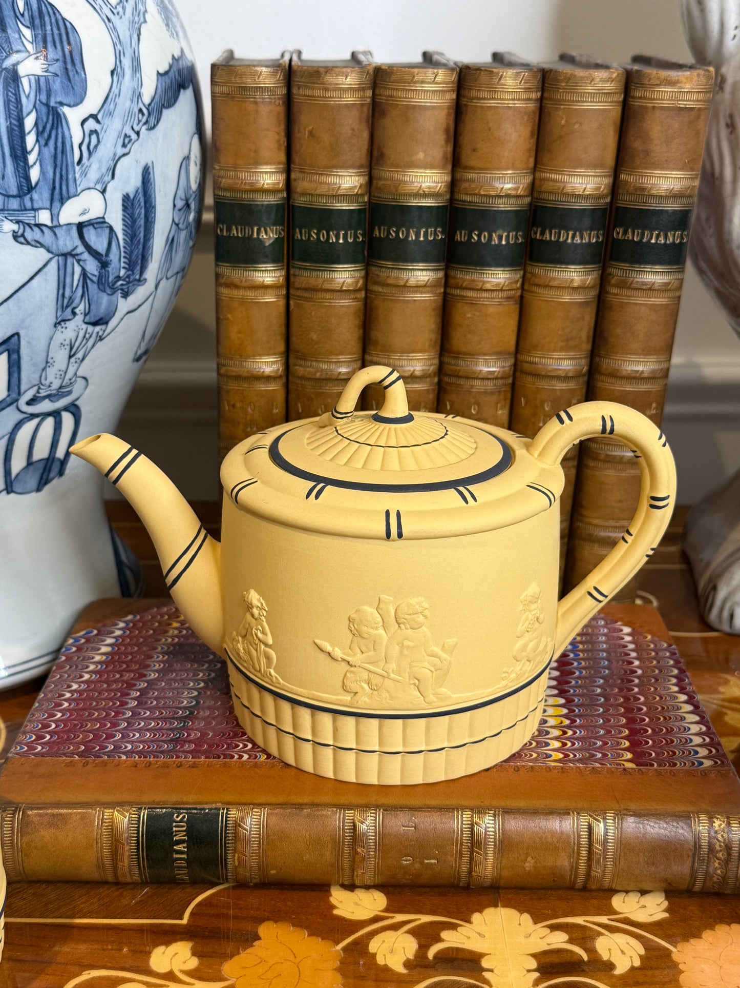 Vintage Wedgwood Black on Cane Jasperware 5-Piece Coffee Service | 3-Cup Coffee Pot, Covered & Open Sugars