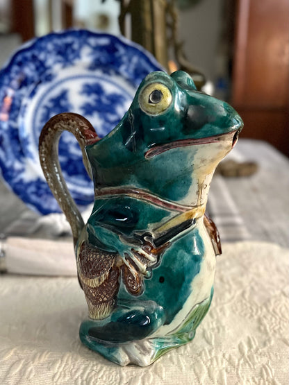 Older HTF Textured English Victorian Majolica Frog & Snake Pitcher, circa 1870 Repairs - Priced accordingly