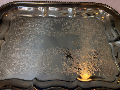 Lovely engraved 1935 silverplate over copper tray with handles!