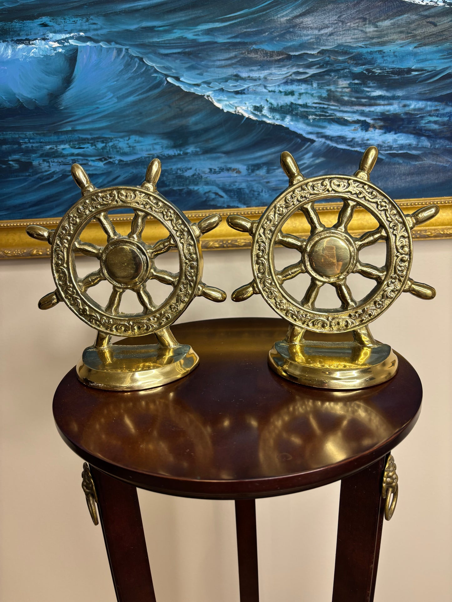 Beautiful pair of heavy brass ship wheel bookends pair!