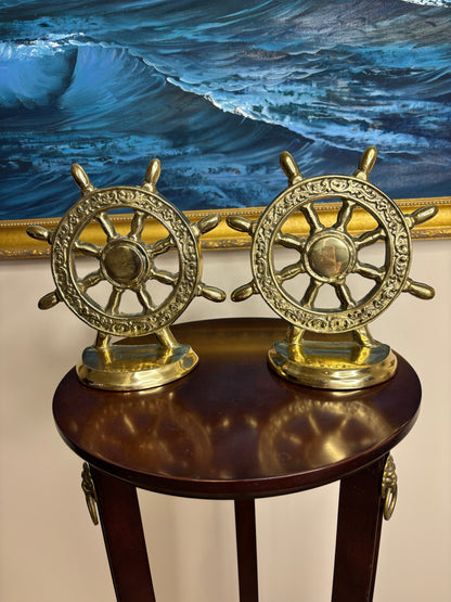 Beautiful pair of heavy brass ship wheel bookends pair!
