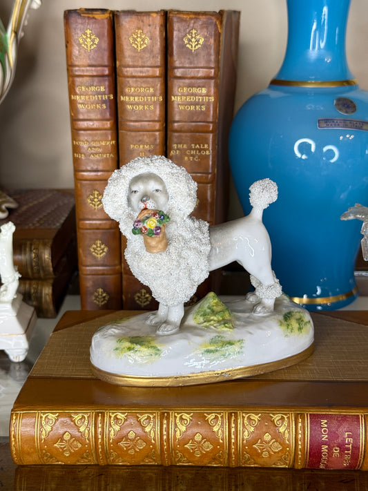 French Porcelain Poodle with Floral Basket Figurine | 5” Tall | Style DA4387