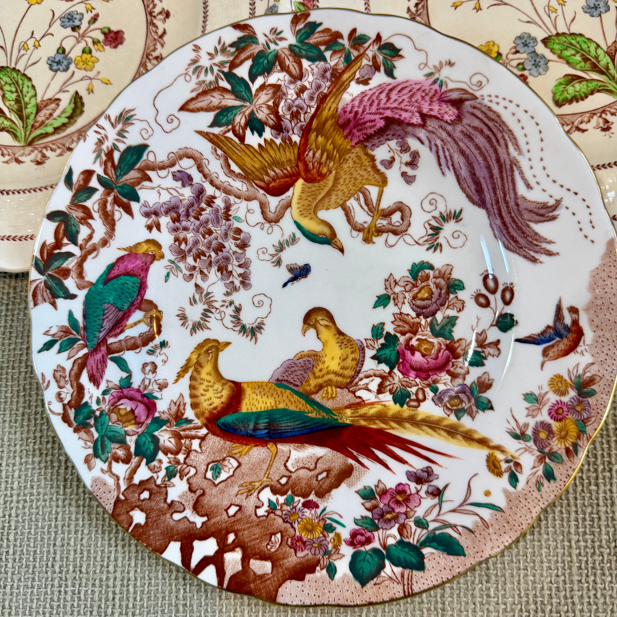 Set of  3 Antique Copeland Spode round porcelain plates 8 d "Cowslip" plus one Royal Crown Derby plate