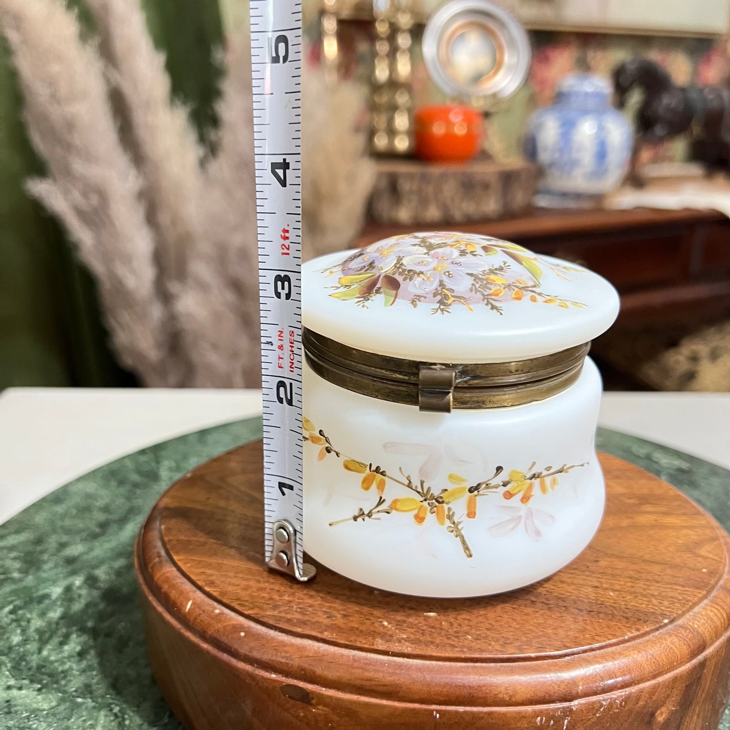 Antique Satin Opaline Hand Painted Floral Casket Box - Pristine!