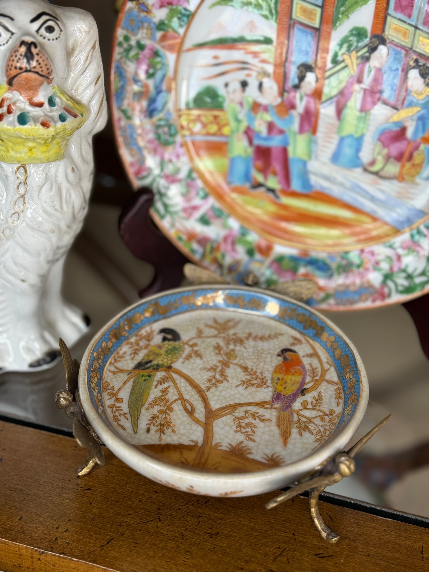 Danny’s Fine Porcelain - Dish with Dragonfly Handles – Hand-Painted Parrots & Gilded Accents