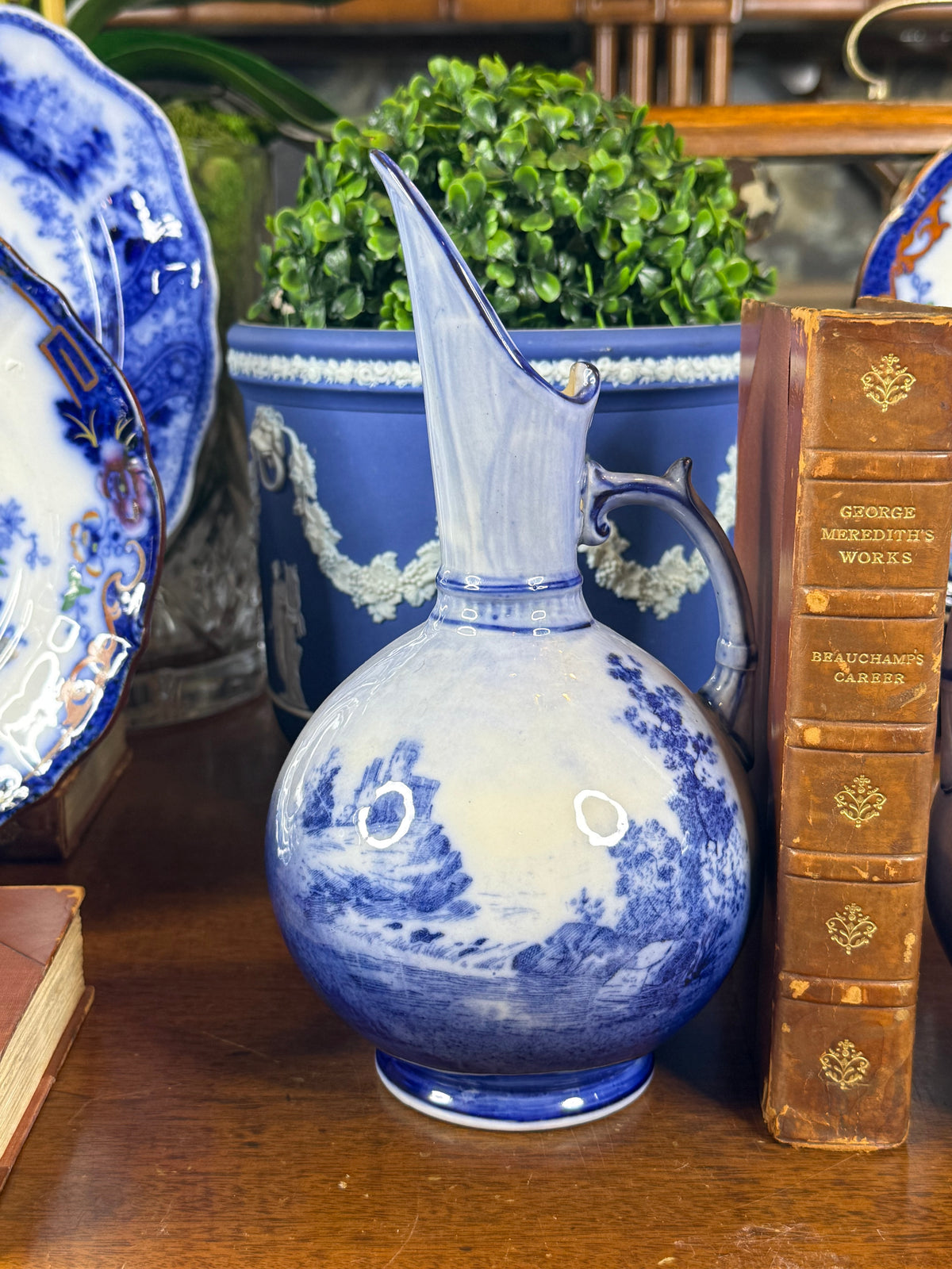 Pair of Keeling & Co. Blue & White Ship Ewers | 1886–1891 | 9"H x 15" Circumference | Style DA4502