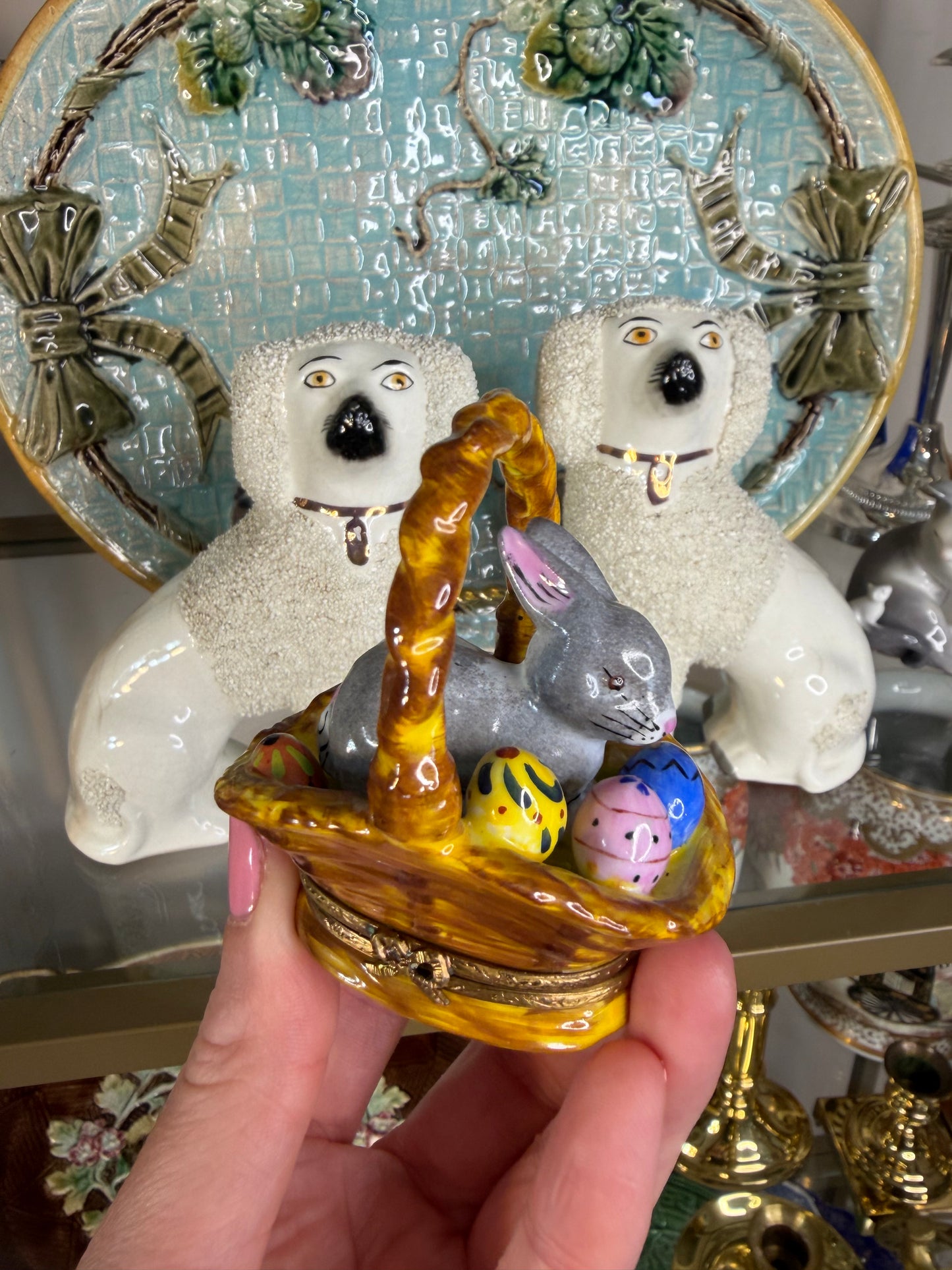 Sweetest Limoges bunny in a basket with eggs trinket box!