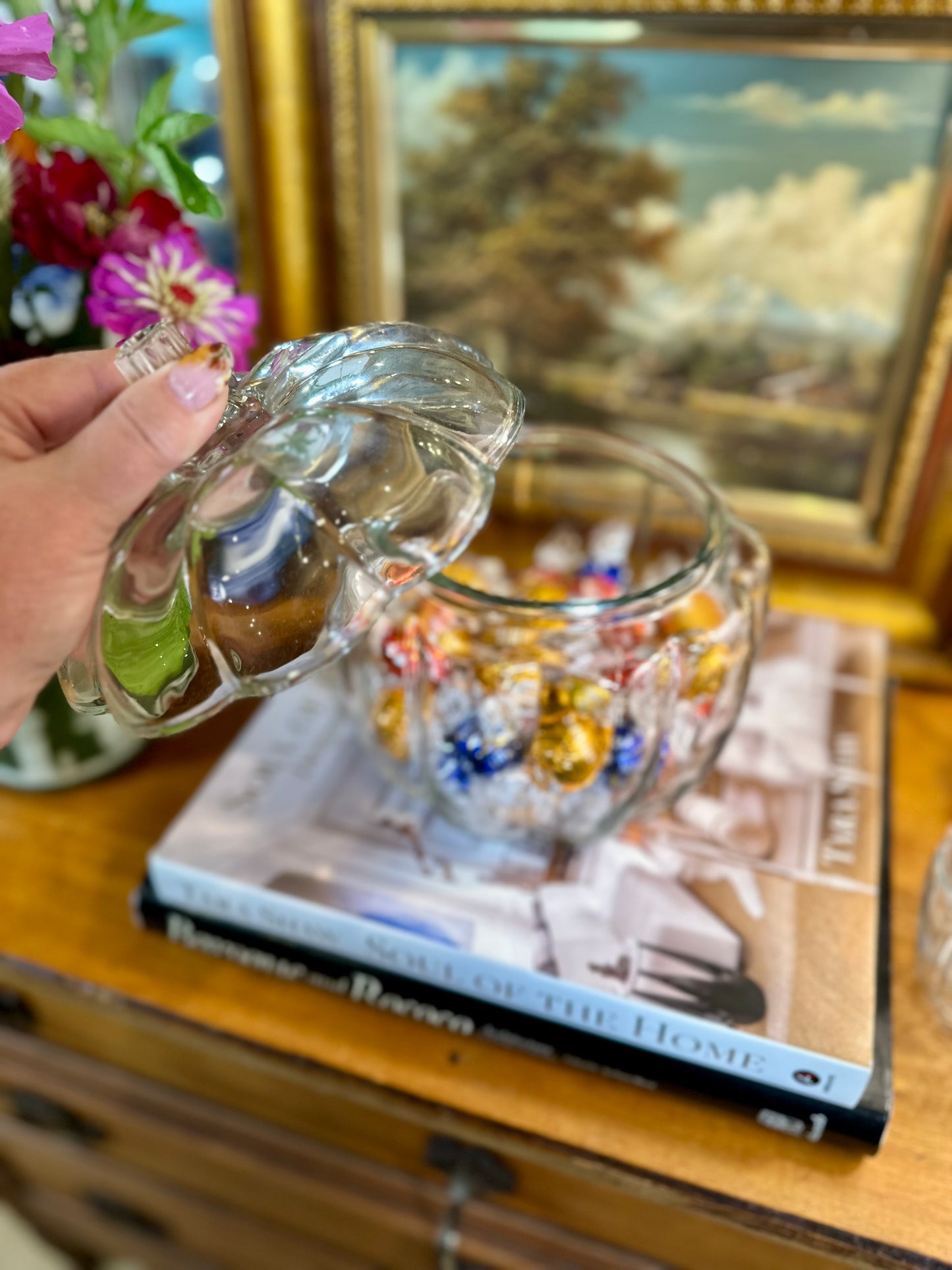 Vintage Glass Figural Pumpkin Candy Bowl w/Lid by Anchor Hocking, Made in USA, 7"