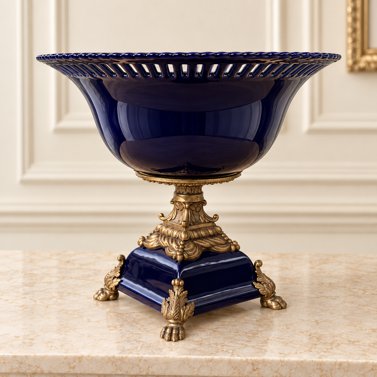Large Royal Blue Porcelain & Bronze Compote | Pierced Rim | Classical Pedestal Base |