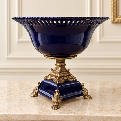 Large Royal Blue Porcelain & Bronze Compote | Pierced Rim | Classical Pedestal Base |
