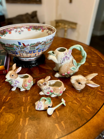 Adorable Fitz & Floyd “Botanical Bunny” Tea Service — Teapot, Lidded Sugar with Spoon & Creamer