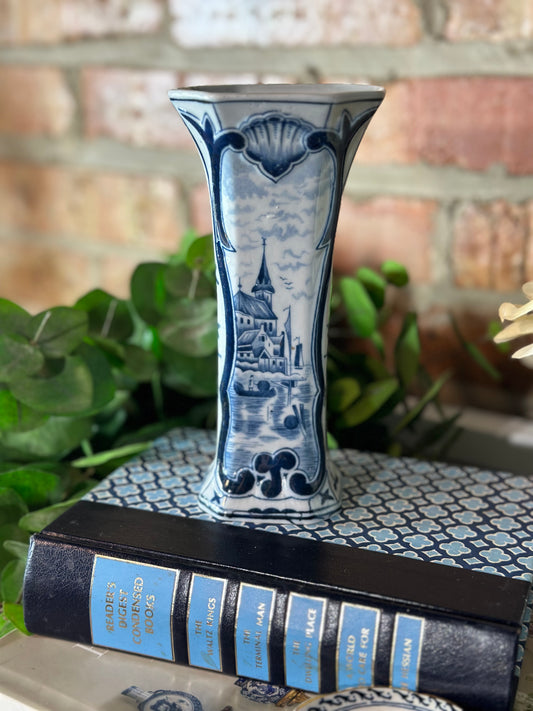 Antique Blue & White Delft Bud Vase, 7” tall, 3”D - Pristine!