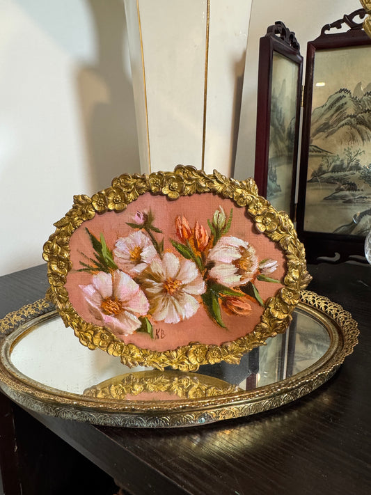 Peonies with tulips in antique floral frame oil on board