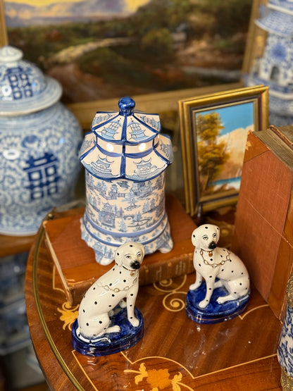 Danny’s Fine Porcelain: Blue & White Pagoda Lidded Lamp: 4.5L X 4.5W X 8H
