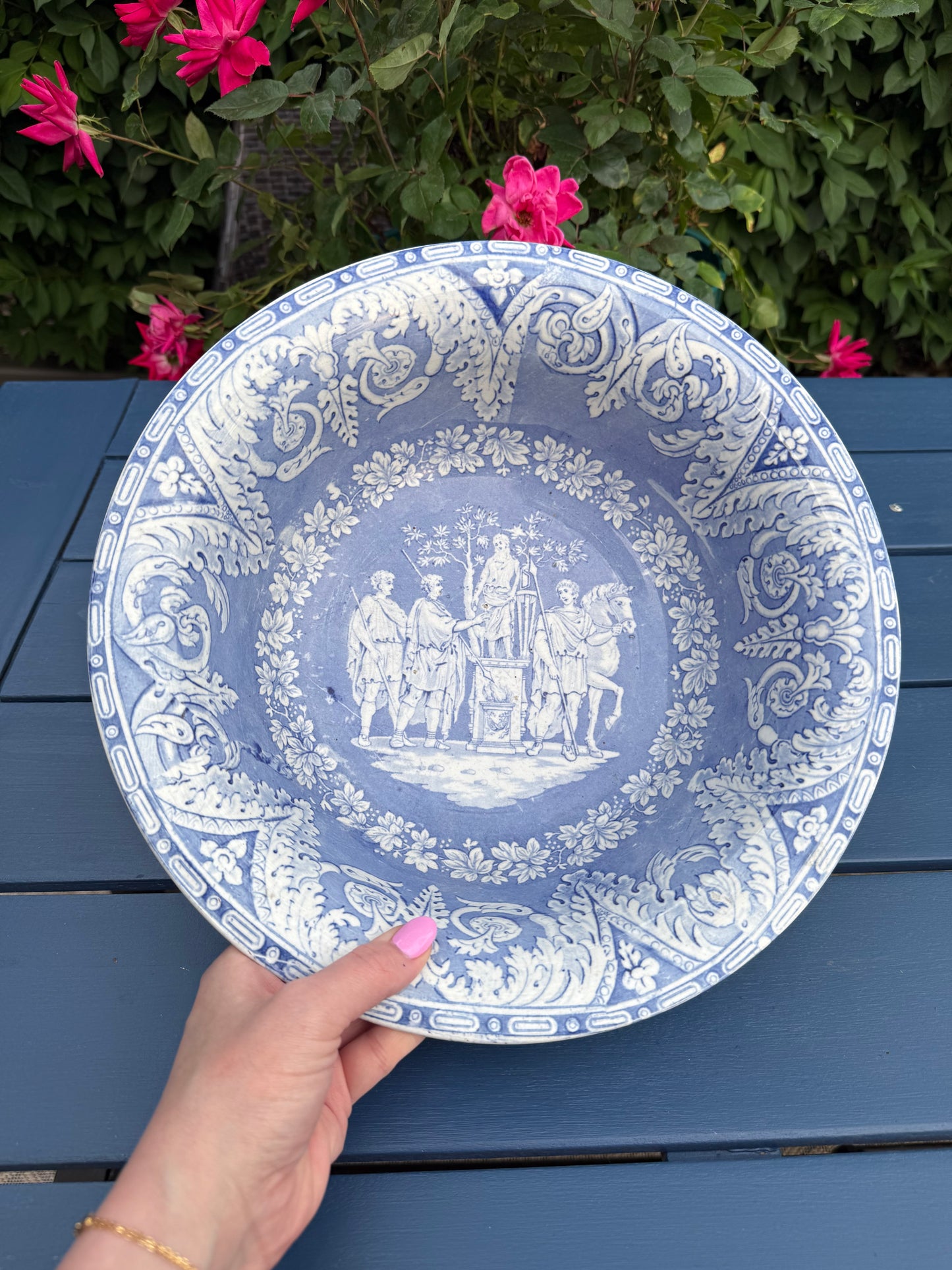 XLarge 12.5"D Elkin, Knight & Bridgwood "Etruscan" Blue & White Wash Bowl | c.1830 | Style DA4468