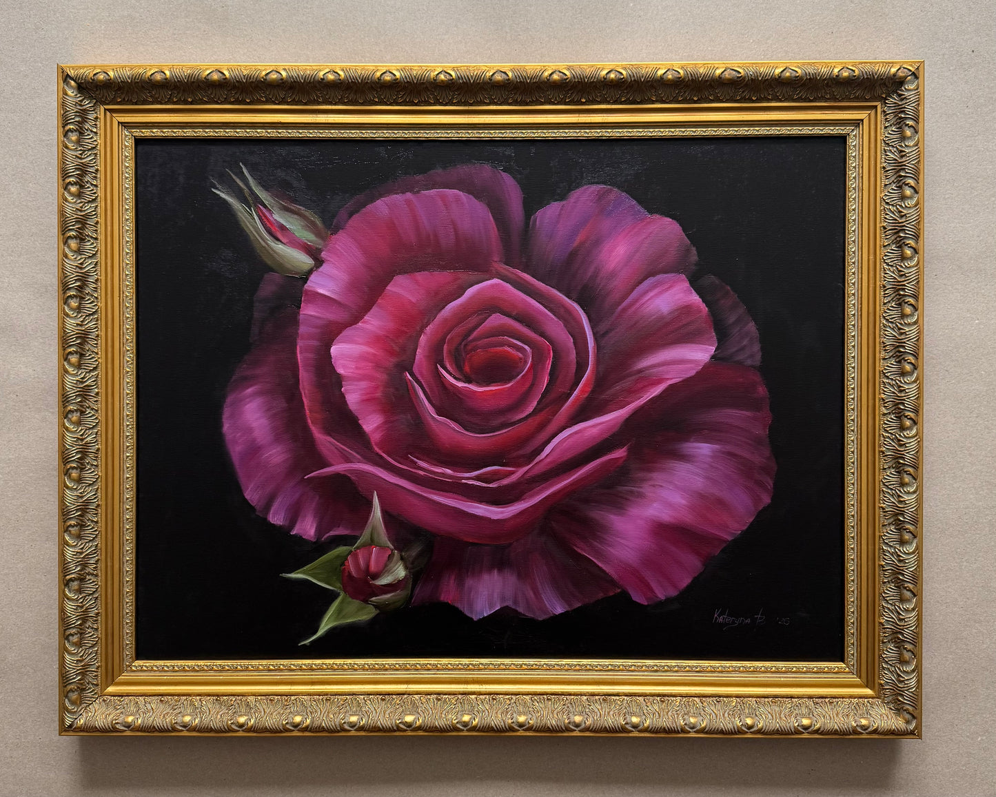 Fuchsia rose still life original oil painting 28x22”