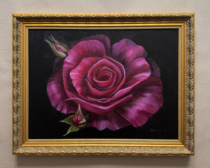 Fuchsia rose still life original oil painting 28x22”