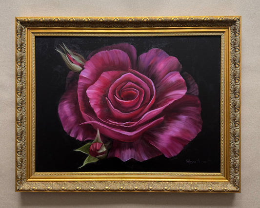 Original Oil Painting – Fuchsia Rose Still Life by Kateryna | Framed Original Canvas | 28” x 22”