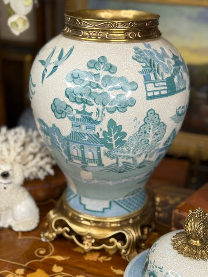 Danny's Fine Porcelain: Turquoise Willow Pattern Bronze Ormolu Temple Jar: 19”Tall,10Lx10W