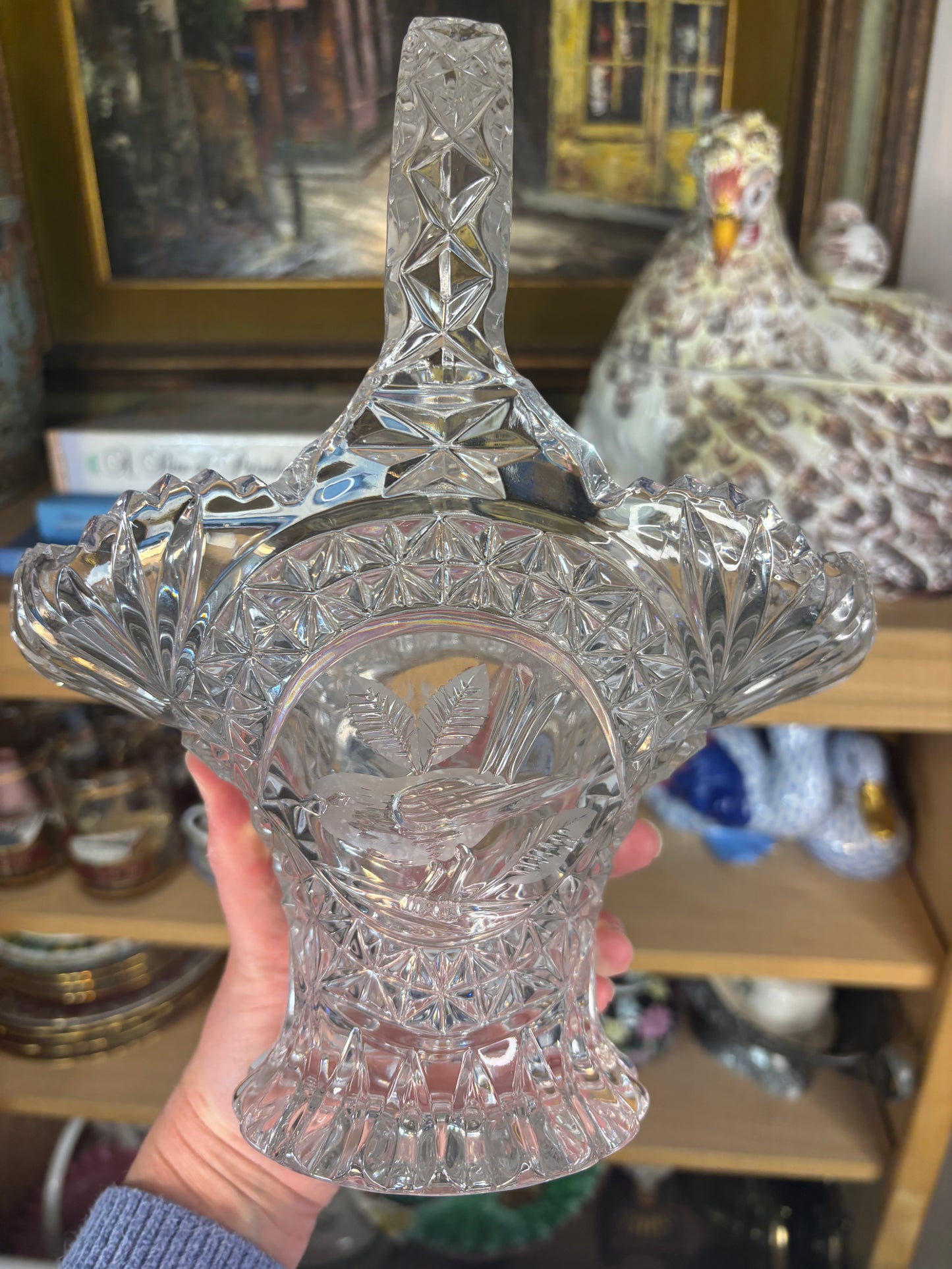 Vintage Hofbauer "Byrdes" Collection crystal basket with cut crystal and bird designs!