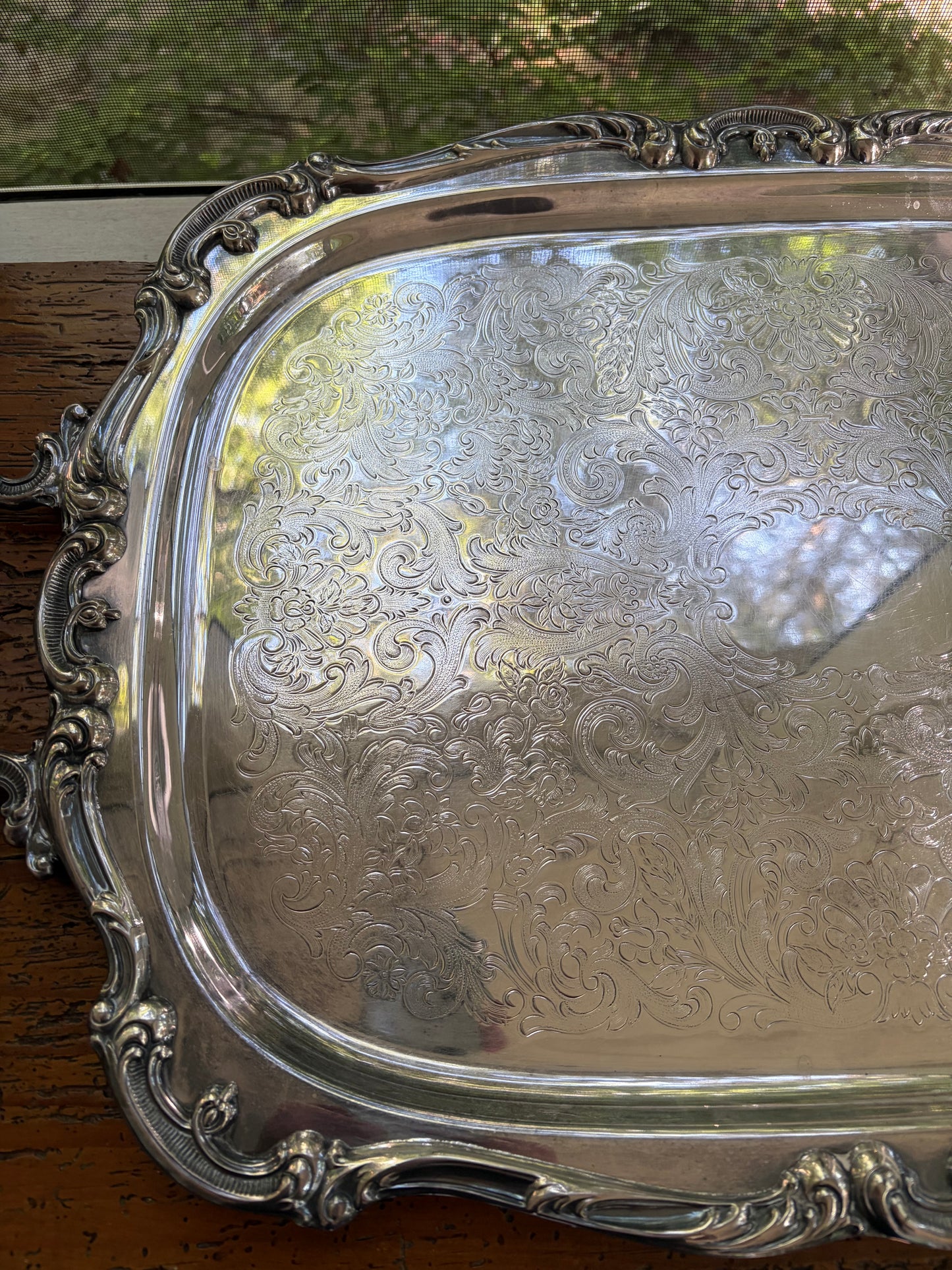 Stunning Gorham Newport large ornate silverplated serving tray with shell motif handles!
