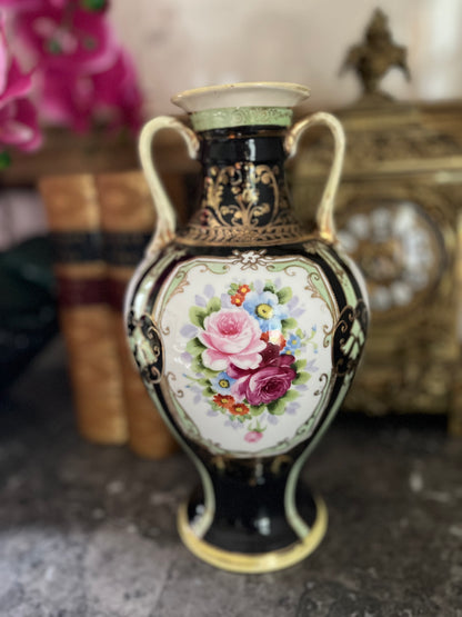 Antique Nippon Moriage Bolster Vase - Rare Black Ground, circa 1891–1921
