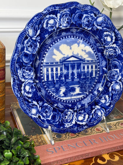 Antique Flow Blue White House Washington, D.C. Cabinet Plate | Floral Border | 10” D, Excellent!