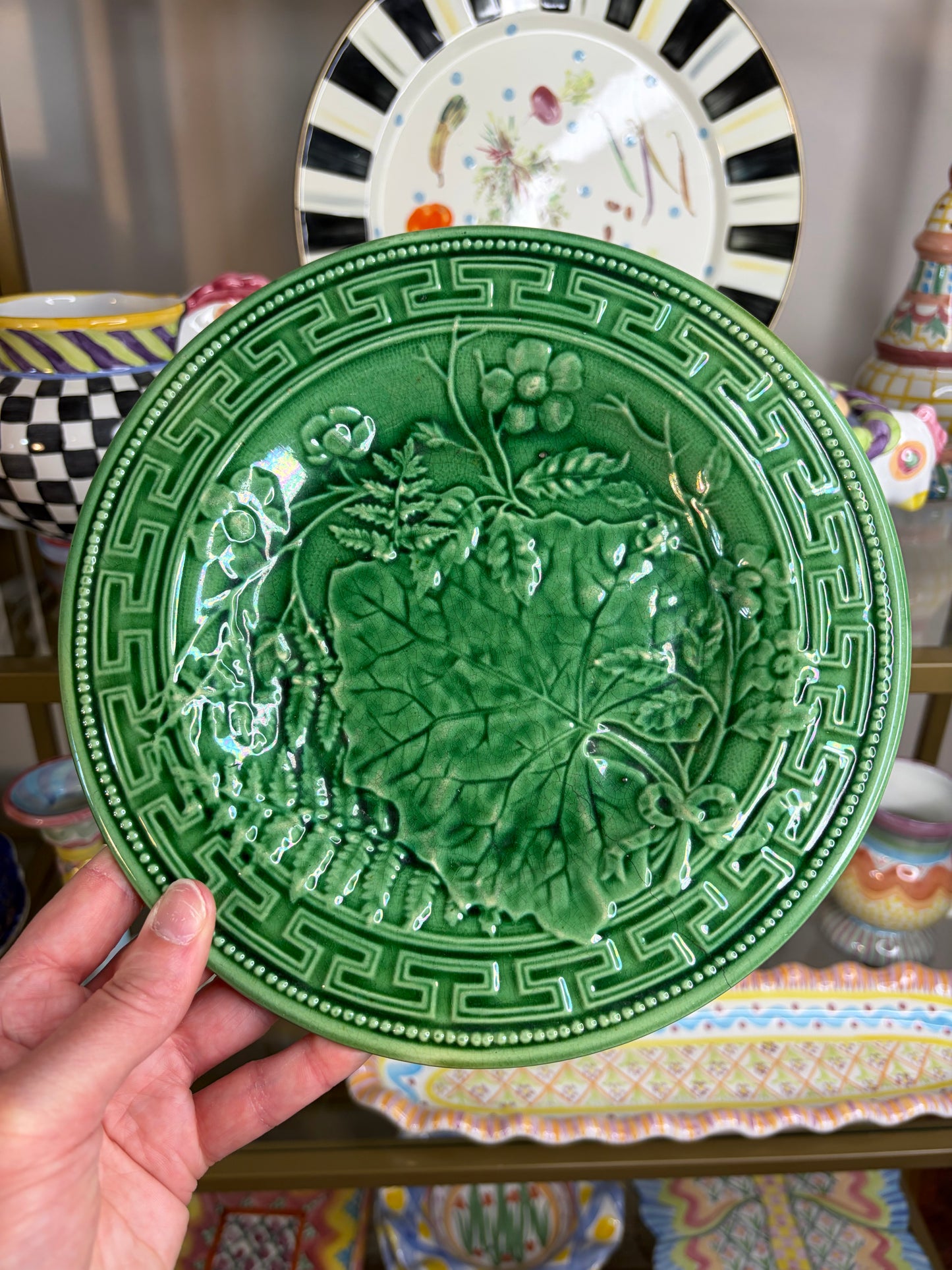 Lovely majolica green plate with Greek key border! As is!