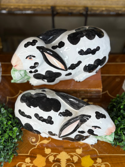 Pair of Chelsea House, Italian Ceramic Rabbits by Georgian Society | Black & White Bunny Figurines | 11” Long