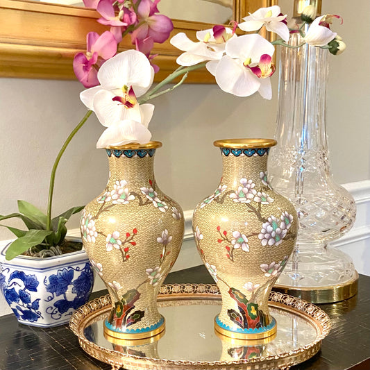 Rare 10” tall Pair (2) Vibrant vintage brass cloisonné vases- Pristine