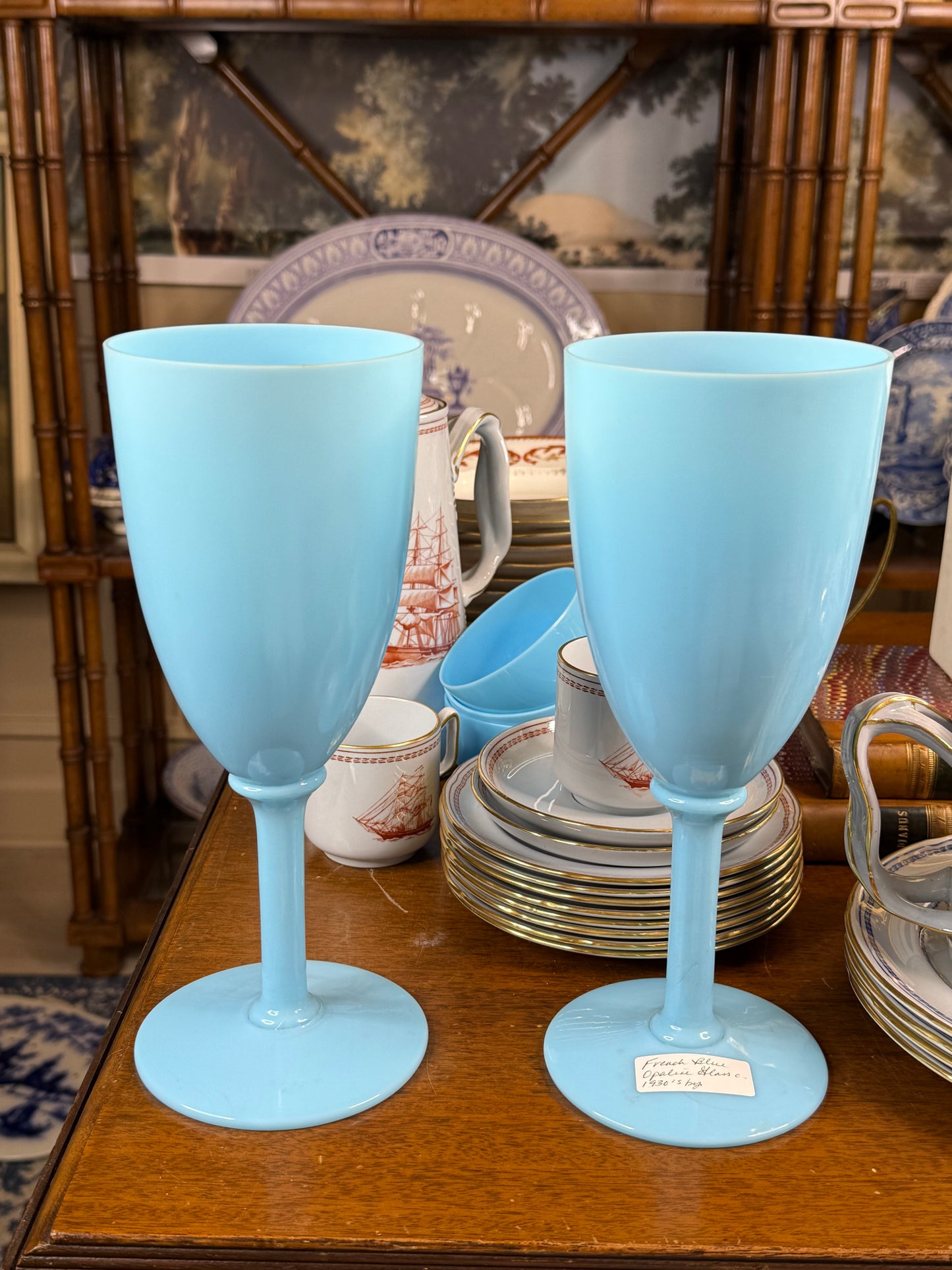 Very Large Pair French Blue Opaline Glass Presentation Goblets / Chalices | 9.75”Tall, 4”D base