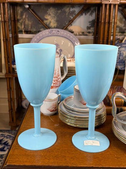 Very Large Pair French Blue Opaline Glass Presentation Goblets / Chalices | 9.75”Tall, 4”D base
