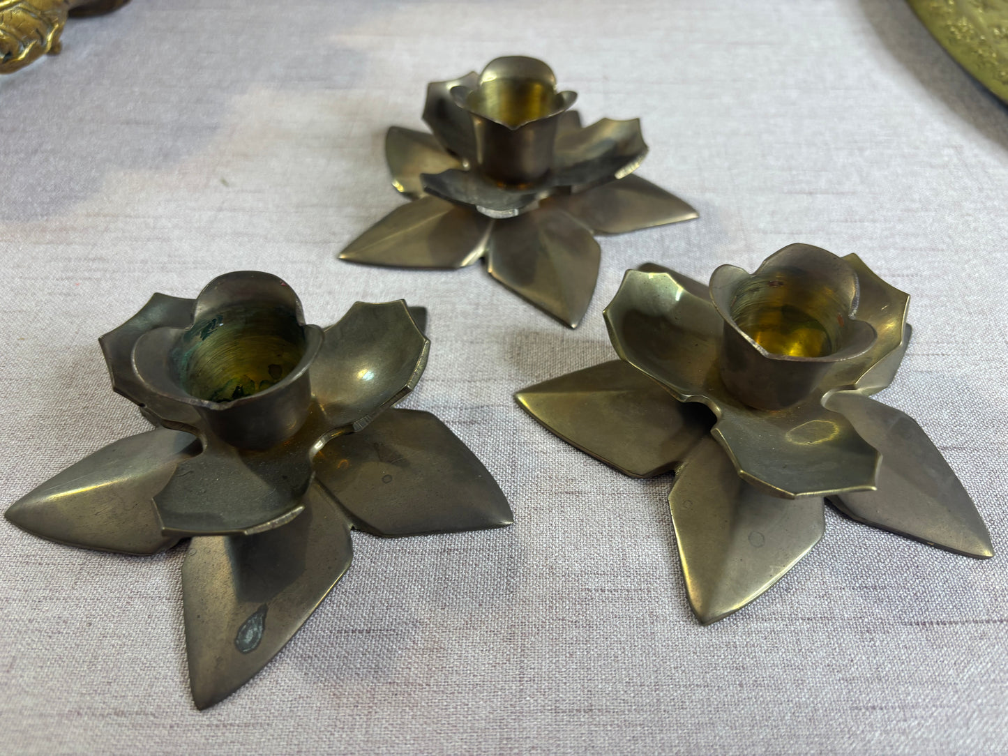 Brass floral candleholders set of 3!