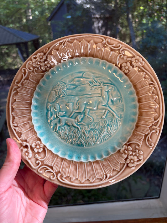 Gorgeous antique majolica plate of deer and dog!