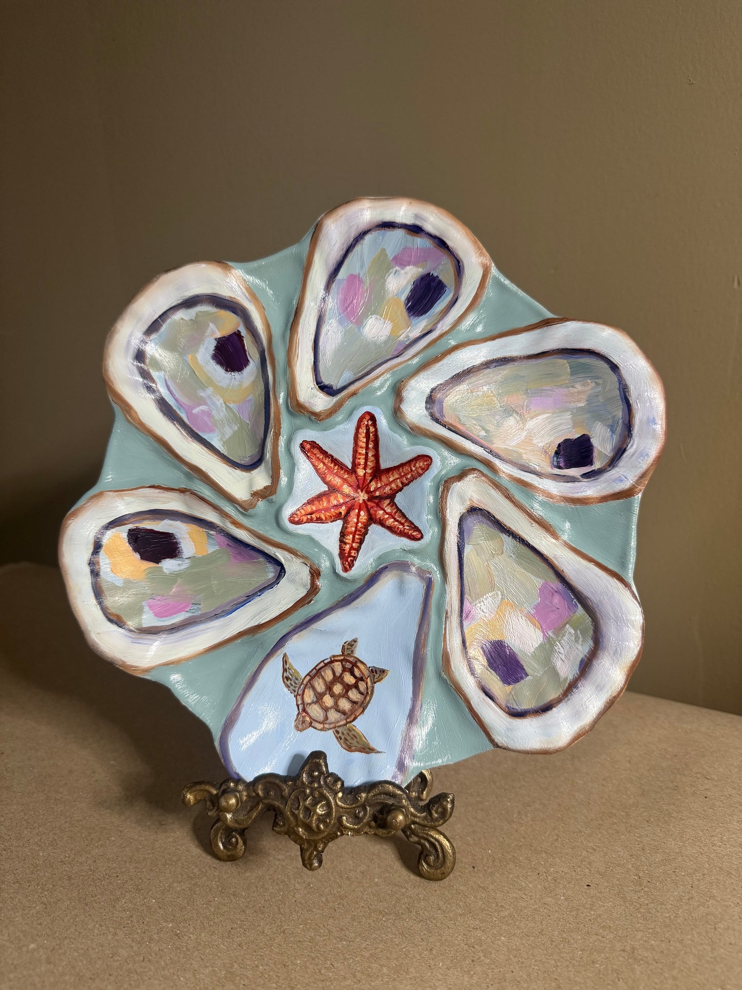 Hand painted 9.5” oyster plate