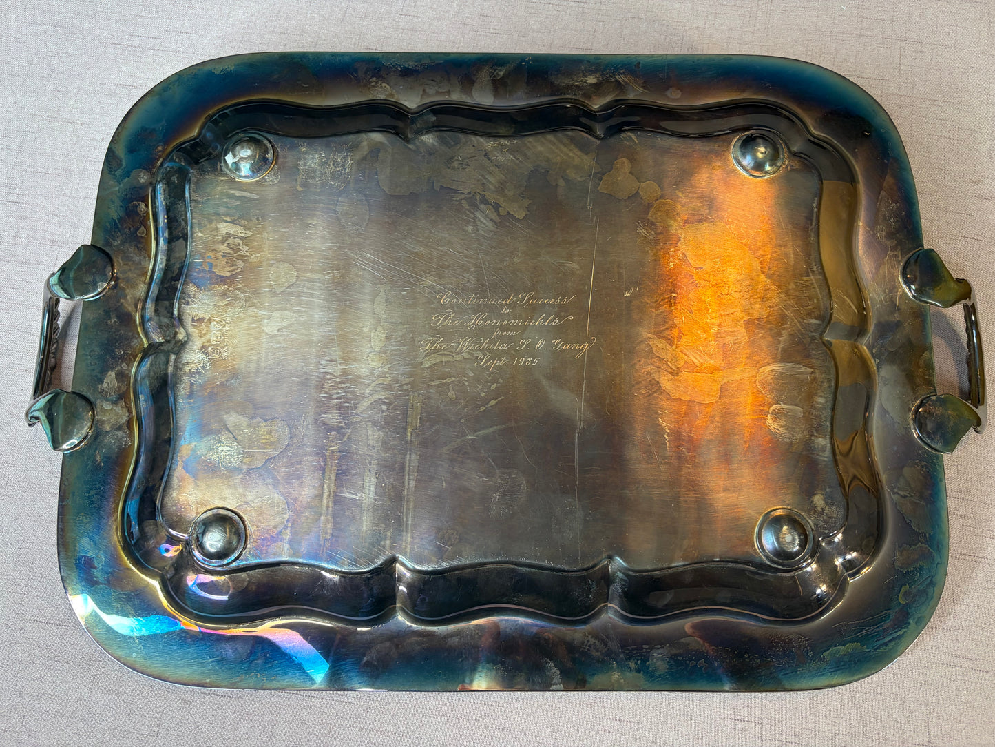 Lovely engraved 1935 silverplate over copper tray with handles!