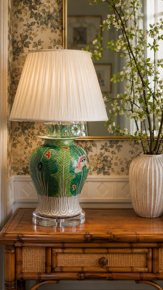 Original 1930s Vintage Custom Bok-Choy Porcelain Lamp | Imported from London | New Hardware, Acrylic Base & Silk Shade | 32”H ✨