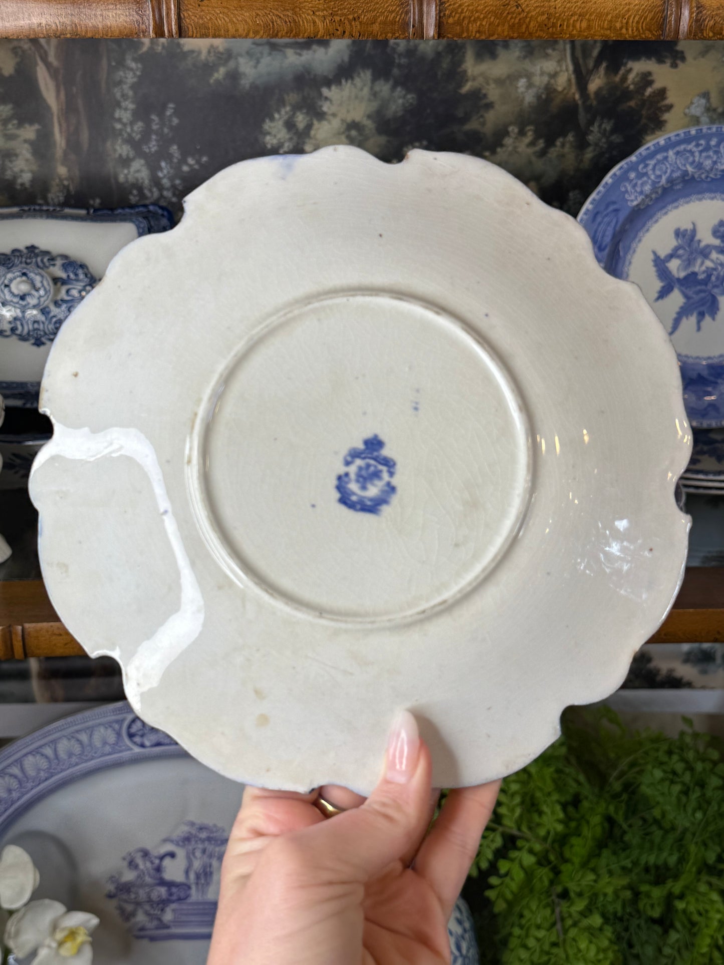Antique English Flow Blue Fish Plate | Cobalt Blue & Gilt | Stoke-on-Trent | c.1900 | 8.5”