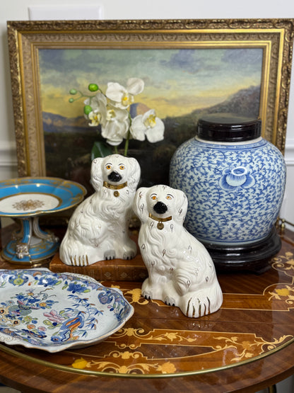 Pair of Beswick England Spaniel Figures | White Glaze with Gilt Collars | 8”