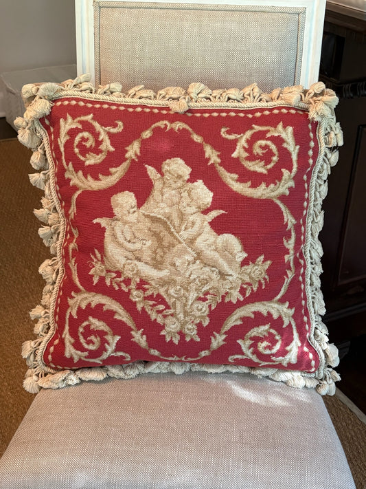 RESERVED - MARIAG - WCCR Charitable Item #101 | Large Katha Diddel Cherub Needlepoint Pillow with Tassel Fringe & Down Insert | 20” x 20”