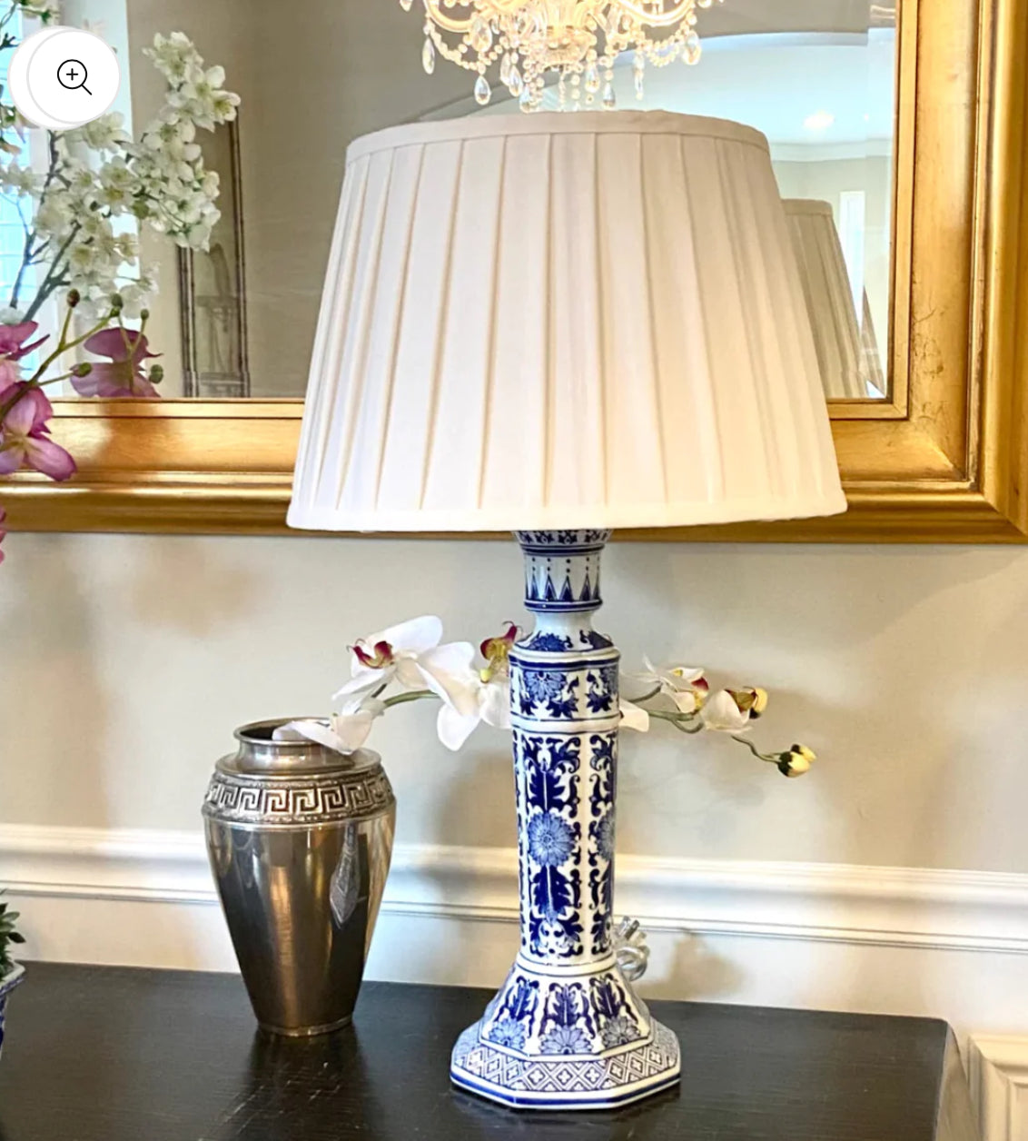 Vintage porcelain blue & white chinoiserie chic statuesque candlestick lamp.
